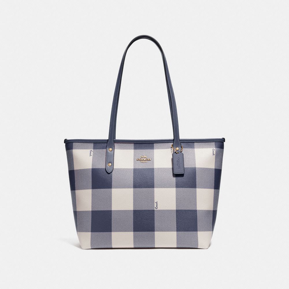 CITY CIP TOTE WITH BUFFALO PLAID PRINT - F66929 - MIDNIGHT/LIGHT GOLD