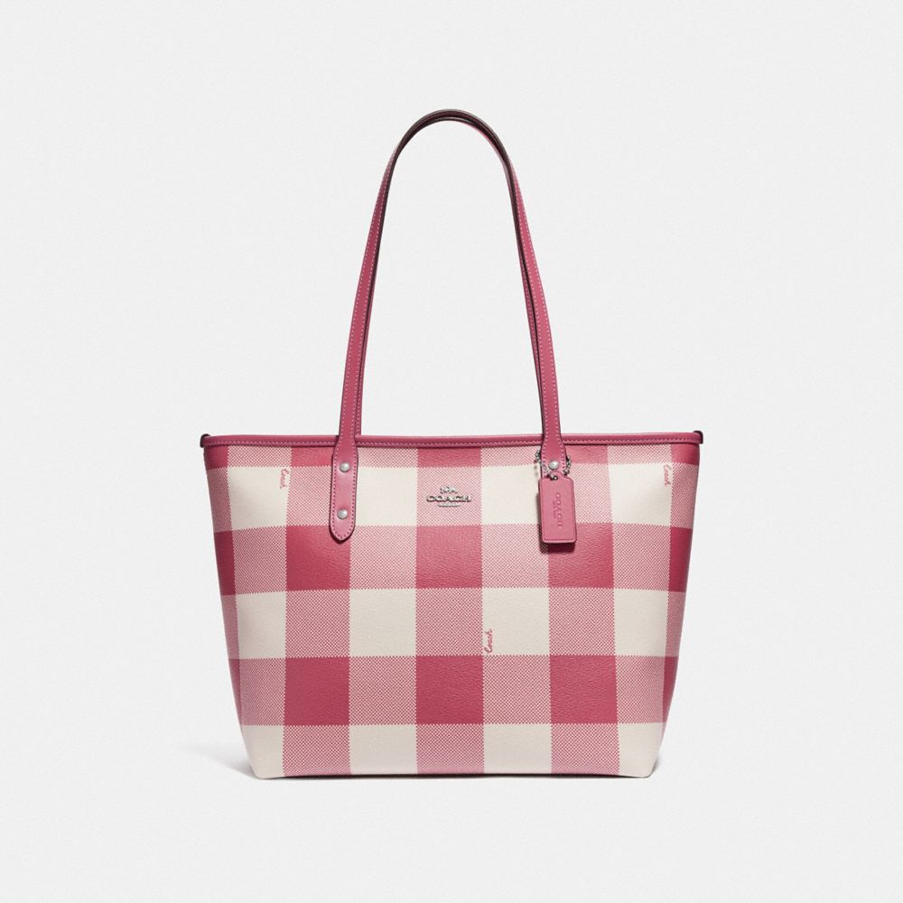 COACH F66929 City Cip Tote With Buffalo Plaid Print STRAWBERRY/SILVER