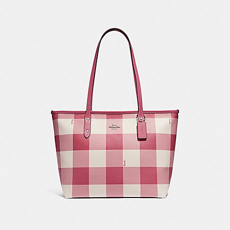COACH CITY CIP TOTE WITH BUFFALO PLAID PRINT - STRAWBERRY/SILVER - F66929
