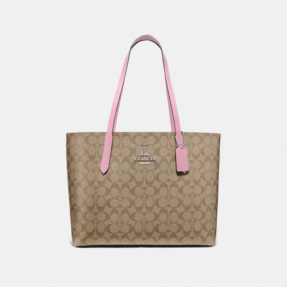 AVENUE TOTE IN SIGNATURE CANVAS - F67108 - TULIP/KHAKI/SILVER