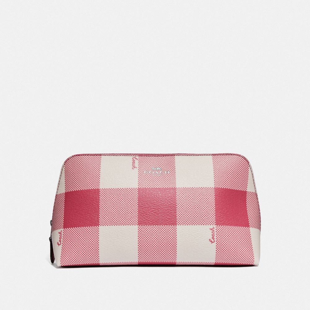 COACH F67329 - COSMETIC CASE 22 WITH BUFFALO PLAID PRINT STRAWBERRY/SILVER