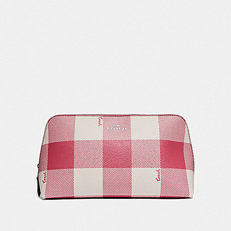 COACH COSMETIC CASE 22 WITH BUFFALO PLAID PRINT - STRAWBERRY/SILVER - F67329