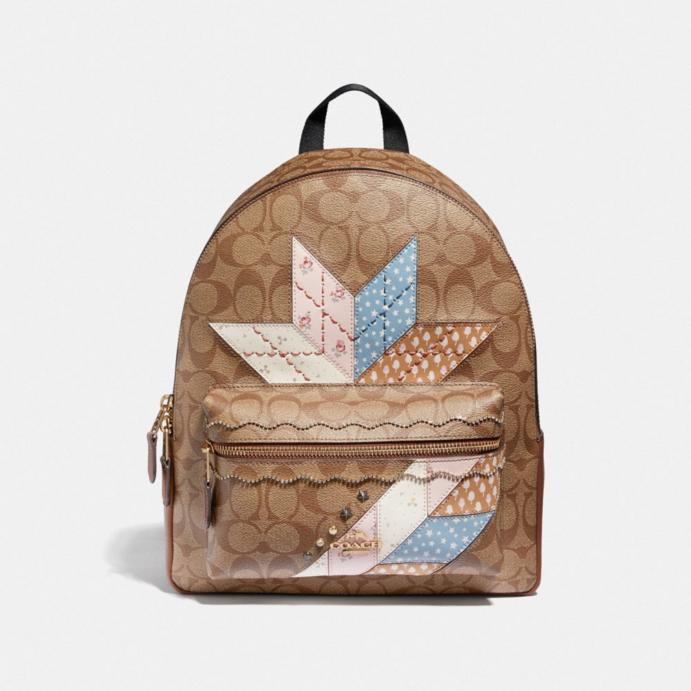 COACH F67369 - MEDIUM CHARLIE BACKPACK IN SIGNATURE CANVAS WITH STAR PATCHWORK KHAKI MULTI/LIGHT GOLD