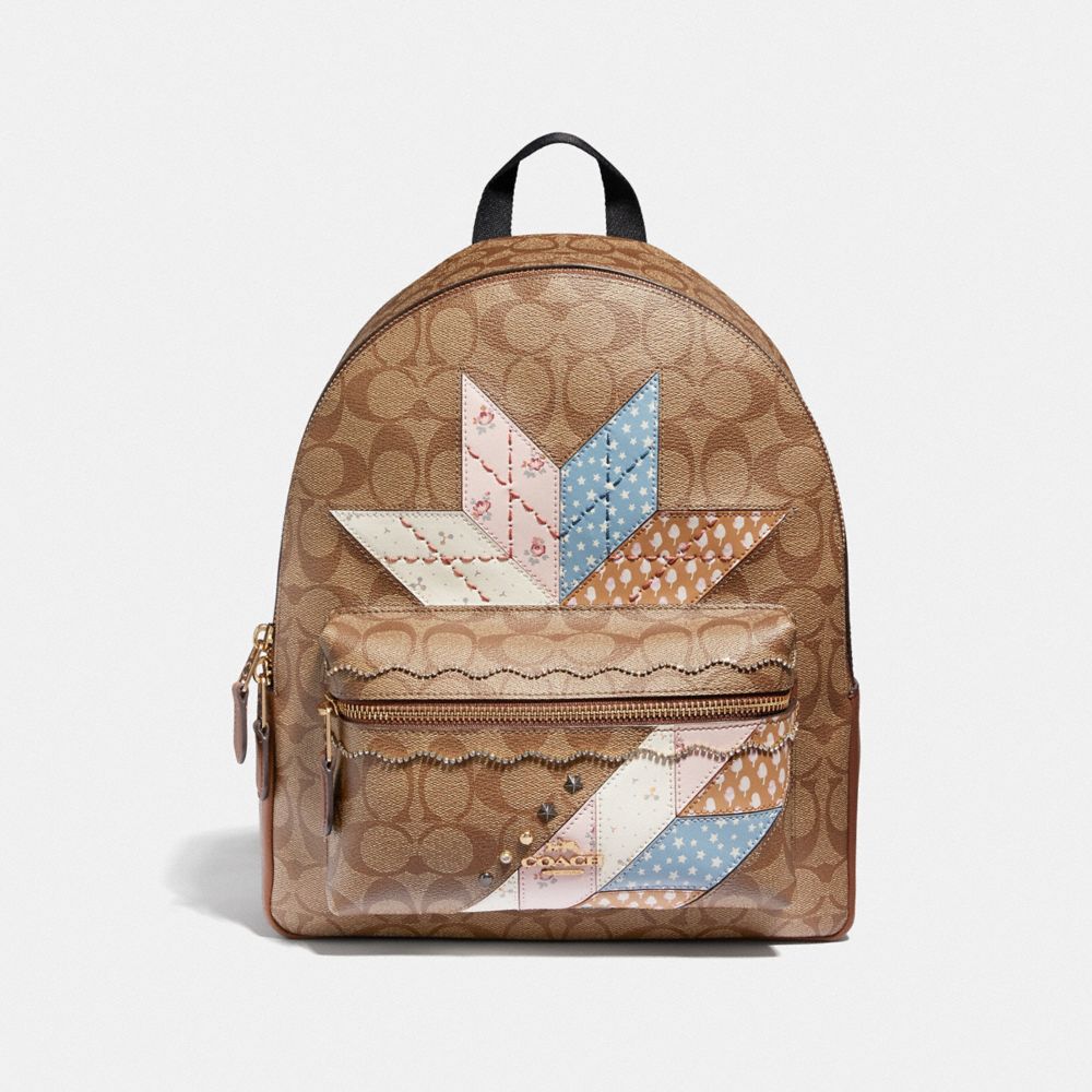 COACH F67369 MEDIUM CHARLIE BACKPACK IN SIGNATURE CANVAS WITH STAR PATCHWORK KHAKI-MULTI/LIGHT-GOLD