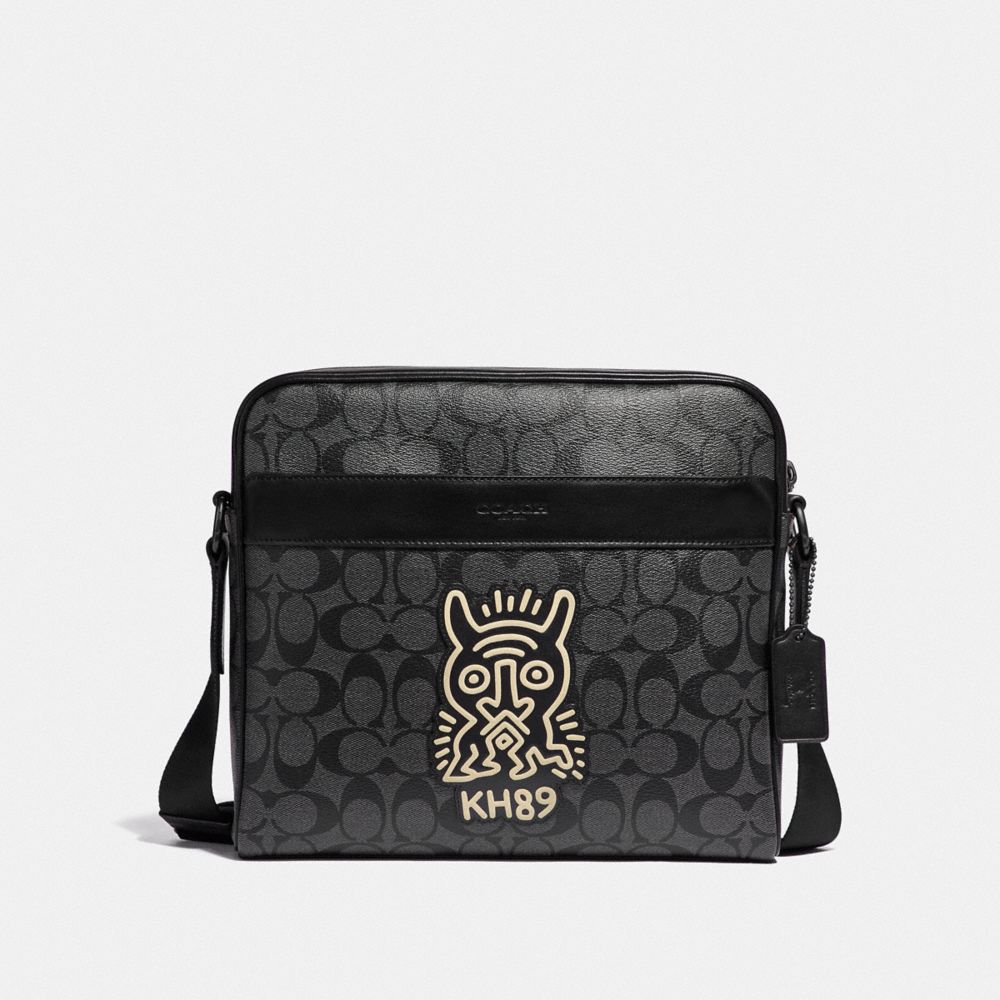 COACH F67372 KEITH HARING CHARLES CAMERA BAG IN SIGNATURE CANVAS WITH MOTIF CHARCOAL/BLACK/BLACK ANTIQUE NICKEL