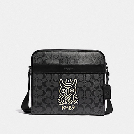 COACH F67372 KEITH HARING CHARLES CAMERA BAG IN SIGNATURE CANVAS WITH MOTIF CHARCOAL/BLACK/BLACK ANTIQUE NICKEL