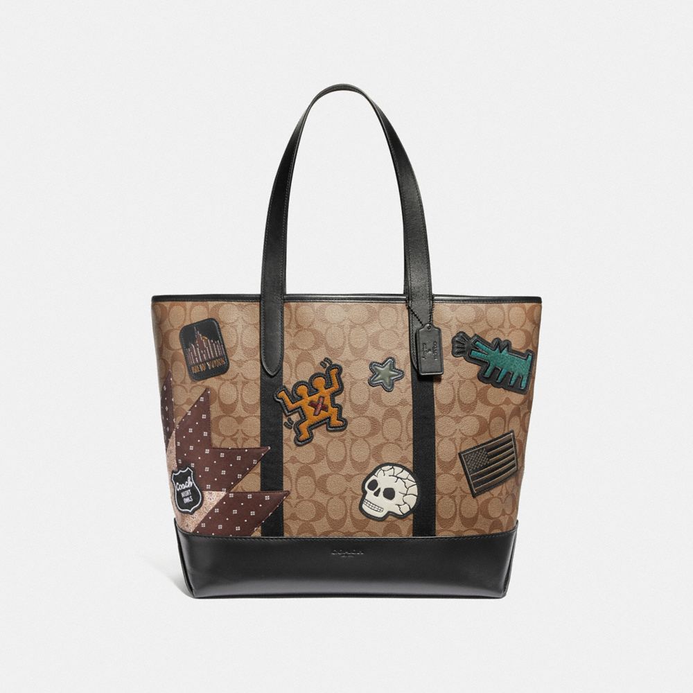 COACH KEITH HARING WEST TOTE IN SIGNATURE CANVAS WITH PATCHES - TAN/BLACK ANTIQUE NICKEL - F67373