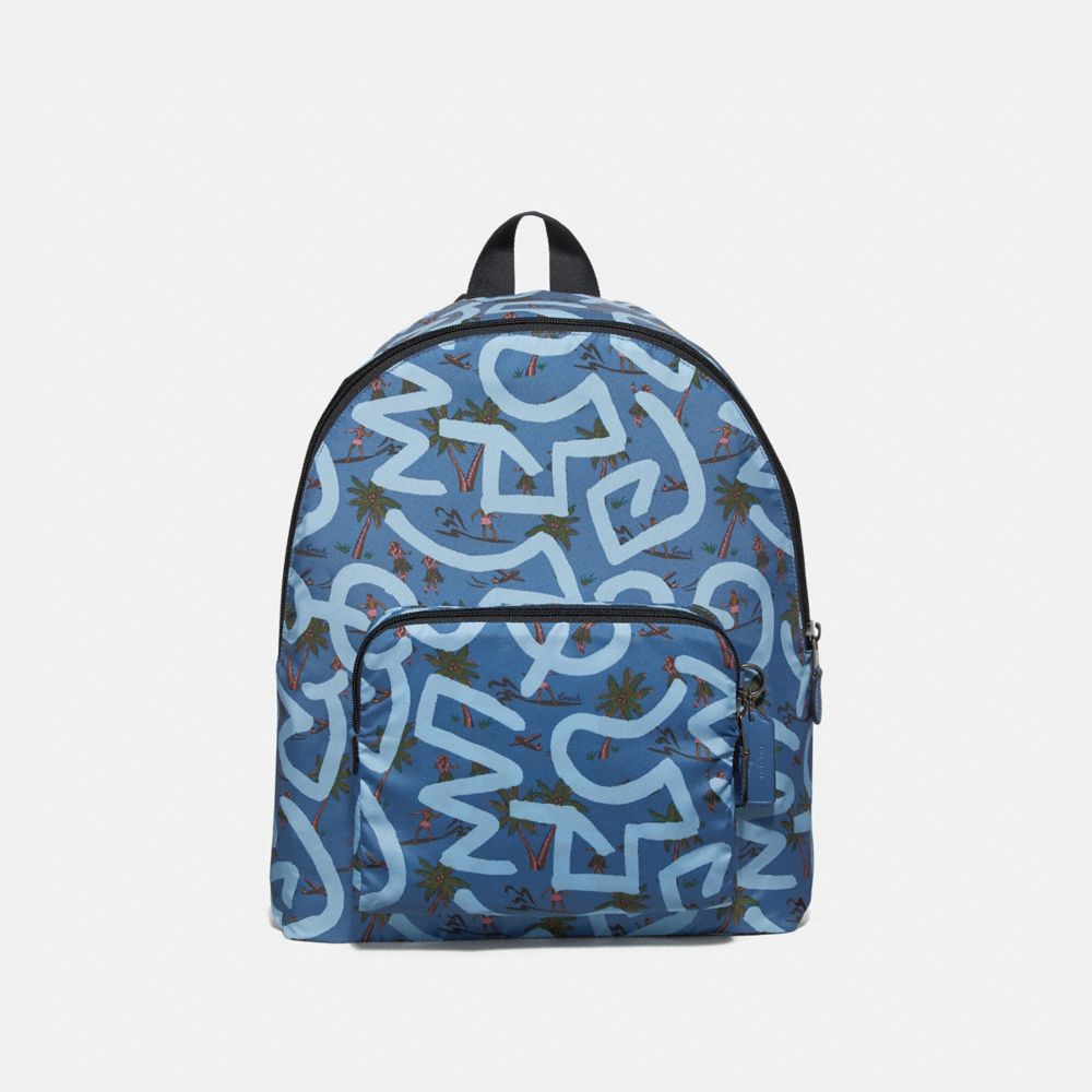 COACH F67409 Keith Haring Packable Backpack With Hula Dance Print SKY BLUE MULTI/BLACK ANTIQUE NICKEL