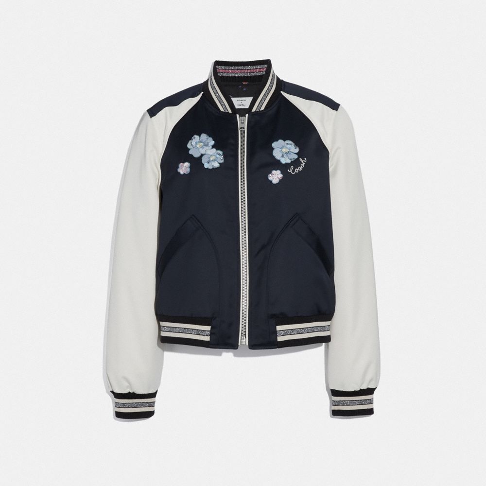 COACH F67471 Floral Embroidered Cropped Baseball Jacket NAVY