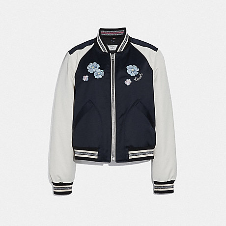 COACH FLORAL EMBROIDERED CROPPED BASEBALL JACKET - NAVY - F67471