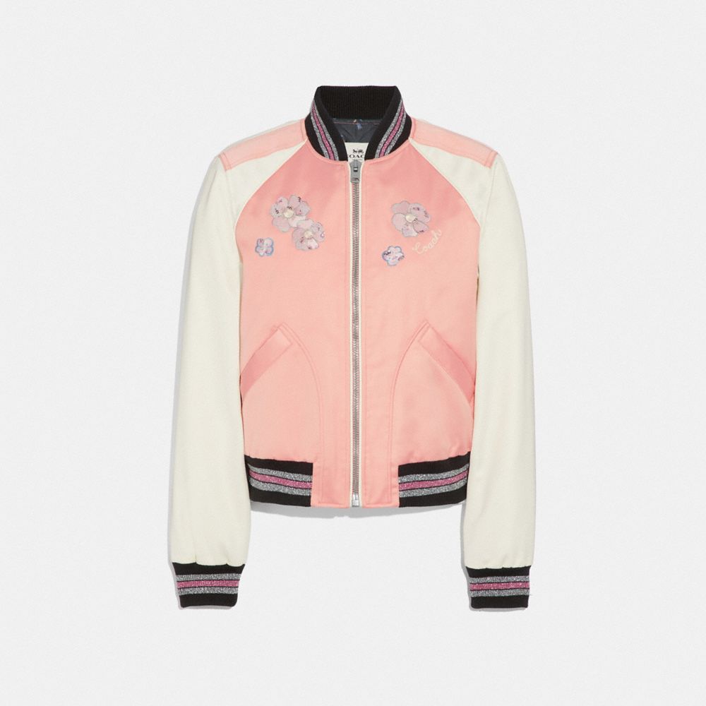 FLORAL EMBROIDERED CROPPED BASEBALL JACKET - PINK CRUSH - COACH F67471