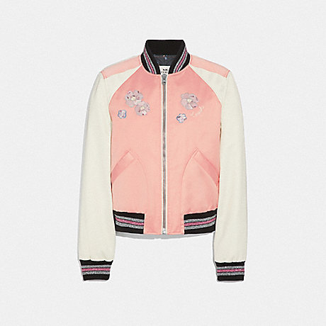 COACH FLORAL EMBROIDERED CROPPED BASEBALL JACKET - PINK CRUSH - F67471