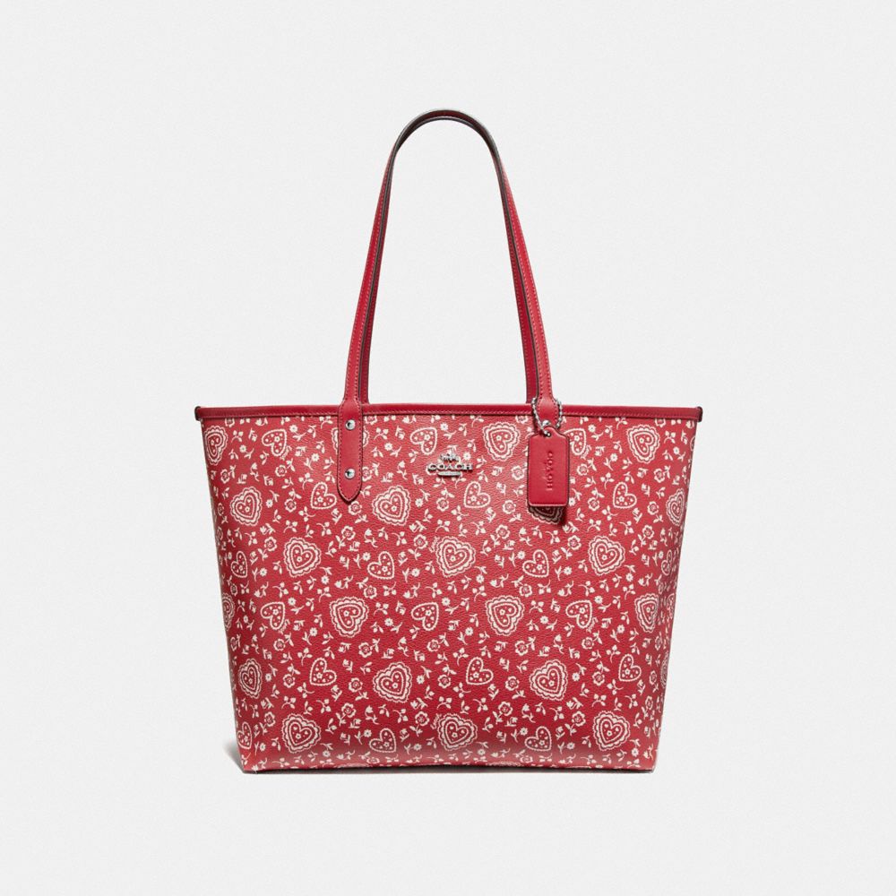 COACH F67482 REVERSIBLE CITY TOTE WITH LACE HEART PRINT RED MULTI/RED/SILVER