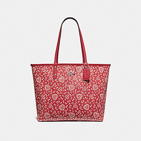 COACH F67482 REVERSIBLE CITY TOTE WITH LACE HEART PRINT RED MULTI/RED/SILVER