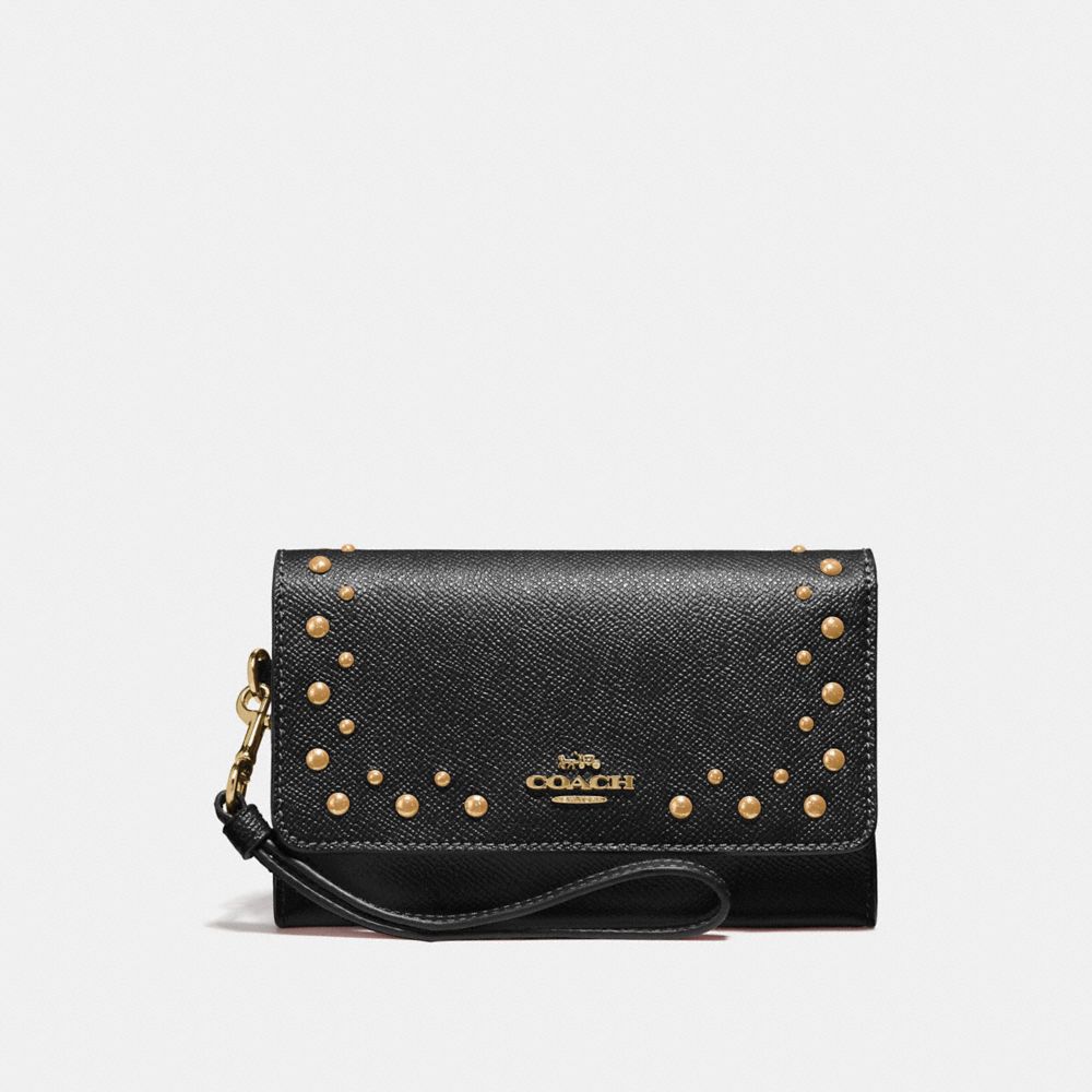 COACH FLAP PHONE WALLET WITH STUDS - BLACK/IMITATION GOLD - F67500