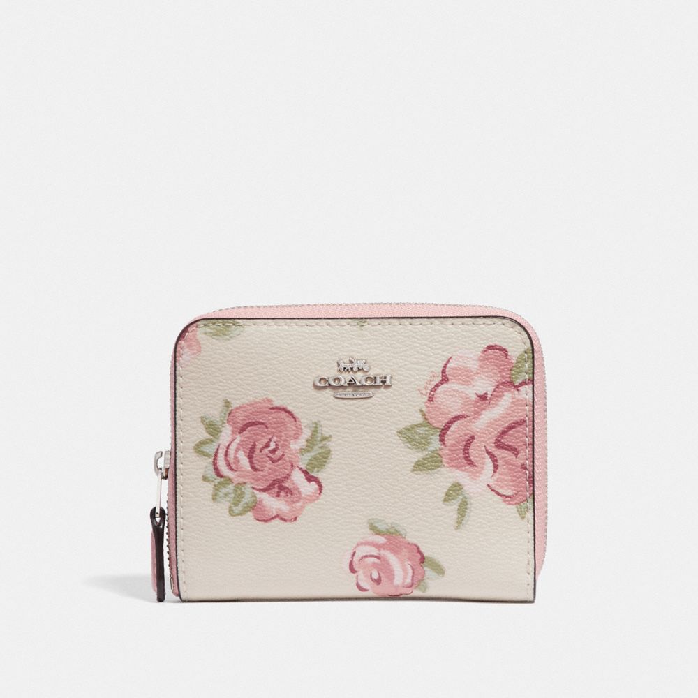 COACH F67511 SMALL ZIP AROUND WALLET WITH JUMBO FLORAL PRINT CHALK MULTI/PETAL/SILVER