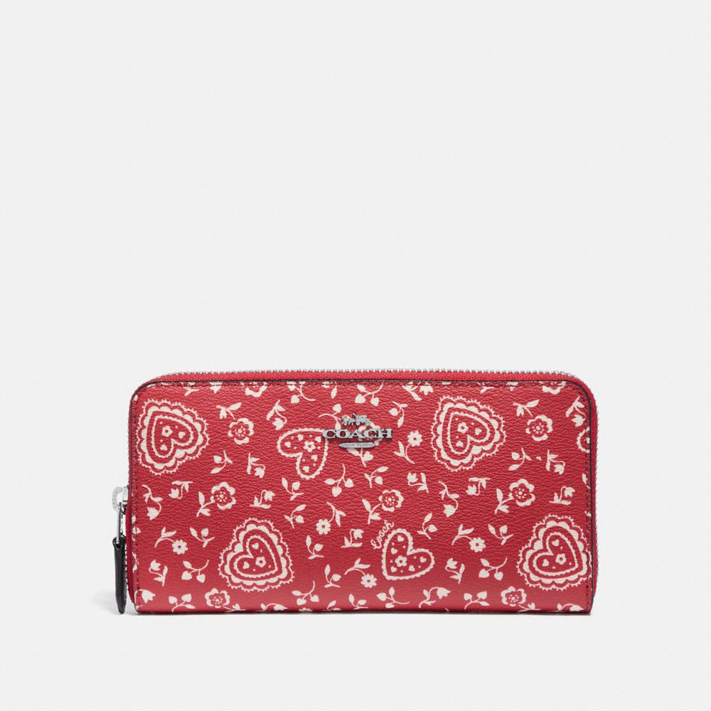 COACH ACCORDION ZIP WALLET WITH LACE HEART PRINT - RED MULTI/SILVER - F67515