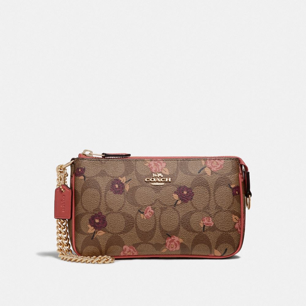 COACH F67532 - LARGE WRISTLET 19 IN SIGNATURE CANVAS WITH TOSSED PEONY PRINT KHAKI/PINK MULTI/IMITATION GOLD