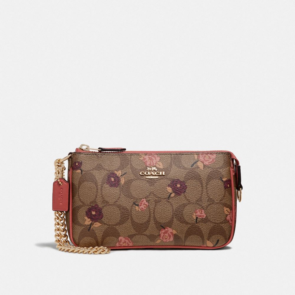 COACH F67532 Large Wristlet 19 In Signature Canvas With Tossed Peony Print KHAKI/PINK MULTI/IMITATION GOLD