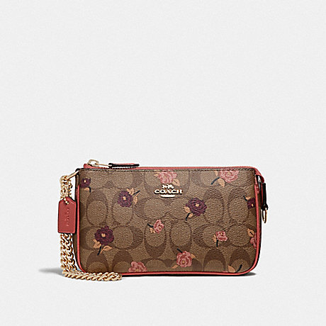 COACH F67532 LARGE WRISTLET 19 IN SIGNATURE CANVAS WITH TOSSED PEONY PRINT KHAKI/PINK MULTI/IMITATION GOLD