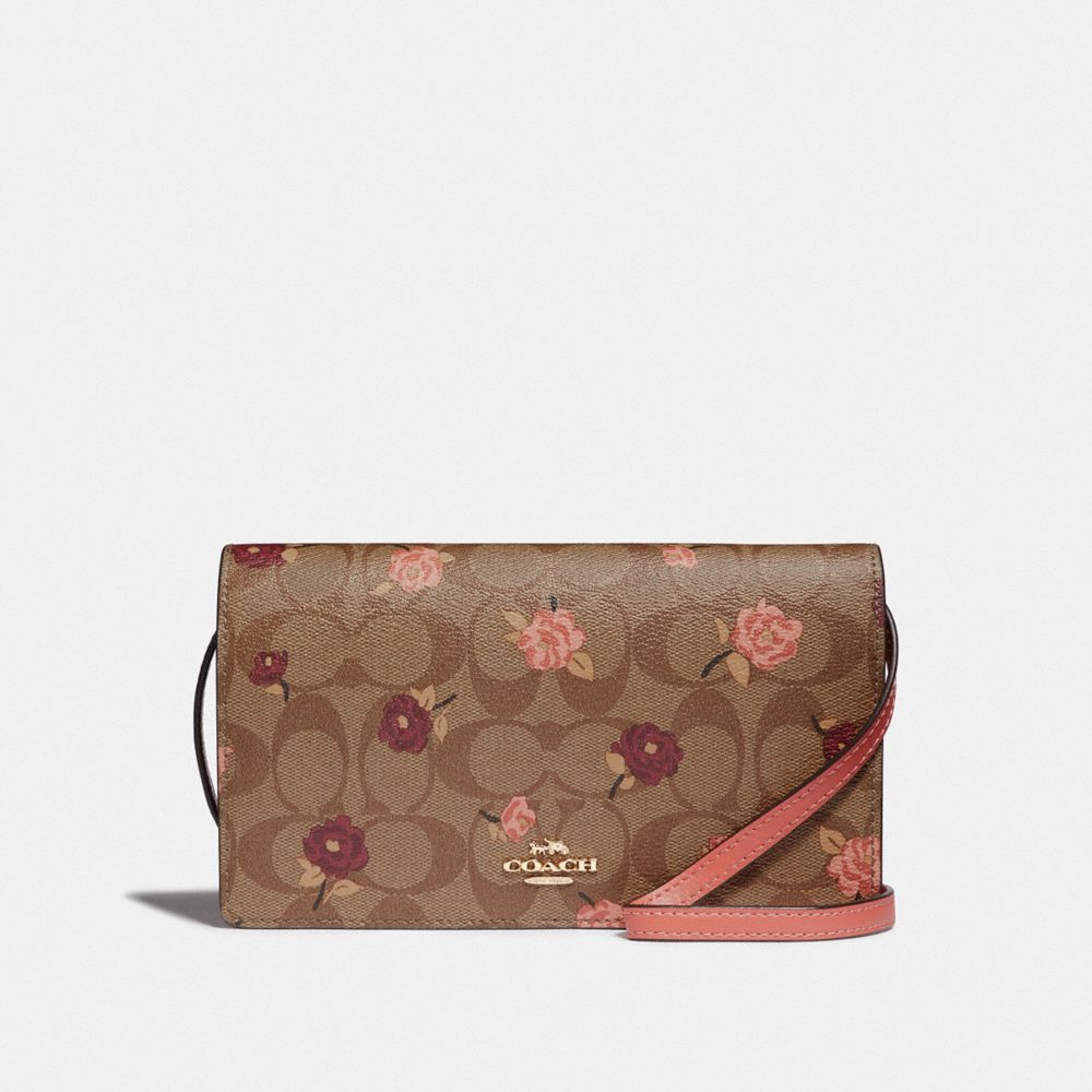 COACH F67533 Hayden Foldover Crossbody Clutch In Signature Canvas With Tossed Peony Print KHAKI/PINK MULTI/IMITATION GOLD