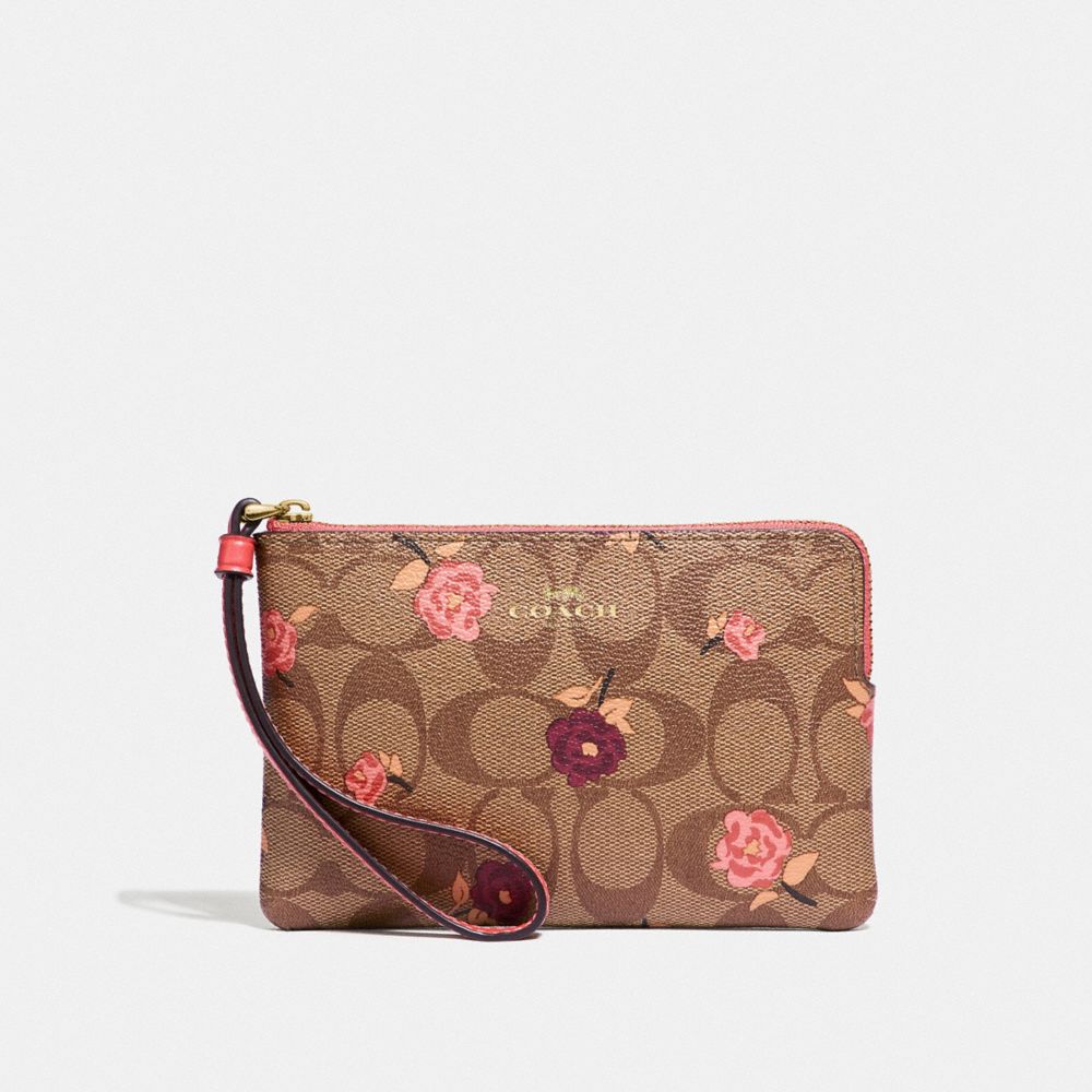 COACH CORNER ZIP WRISTLET IN SIGNATURE CANVAS WITH TOSSED PEONY PRINT - KHAKI/PINK MULTI/IMITATION GOLD - F67535