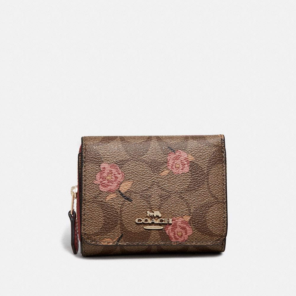 COACH SMALL TRIFOLD WALLET IN SIGNATURE CANVAS WITH TOSSED PEONY PRINT - KHAKI/PINK MULTI/IMITATION GOLD - F67537