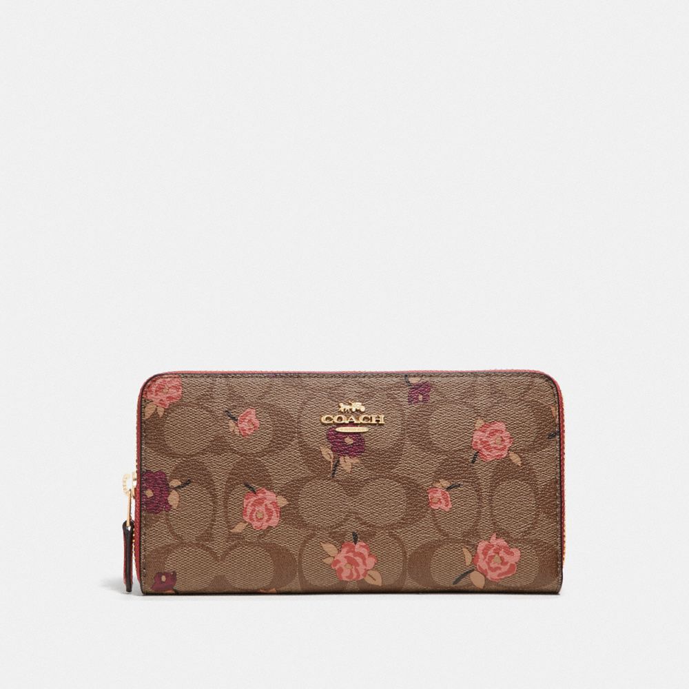 COACH F67538 ACCORDION ZIP WALLET IN SIGNATURE CANVAS WITH TOSSED PEONY PRINT KHAKI/PINK MULTI/IMITATION GOLD