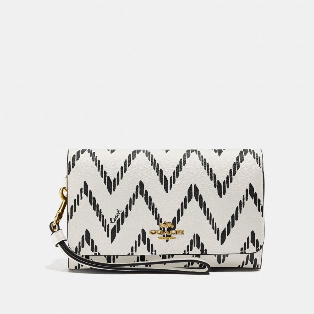 COACH F67551 FLAP PHONE WALLET WITH GEO CHEVRON PRINT BLACK/CHALK/IMITATION-GOLD