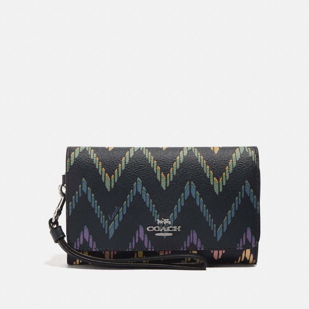 COACH F67551 - FLAP PHONE WALLET WITH GEO CHEVRON PRINT MIDNIGHT MULTI/SILVER