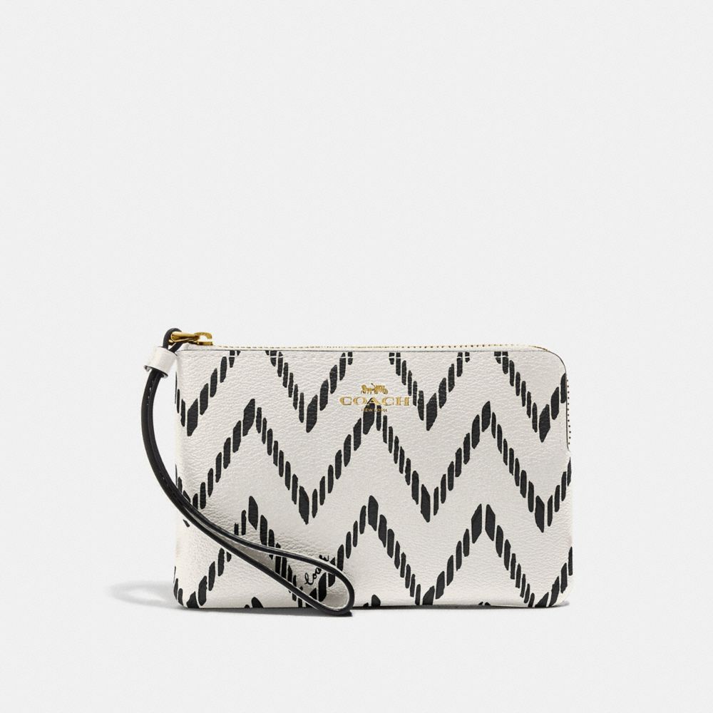 COACH F67553 CORNER ZIP WRISTLET WITH GEO CHEVRON PRINT BLACK/CHALK/IMITATION GOLD