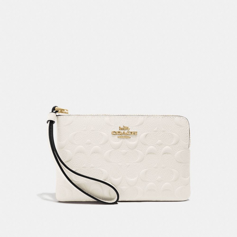 COACH F67555 CORNER ZIP WRISTLET IN SIGNATURE LEATHER CHALK/GOLD