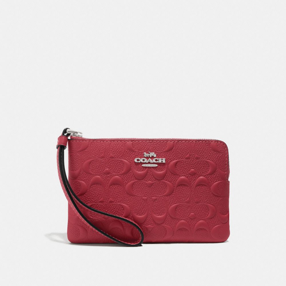 COACH F67555 Corner Zip Wristlet In Signature Leather WASHED RED/SILVER