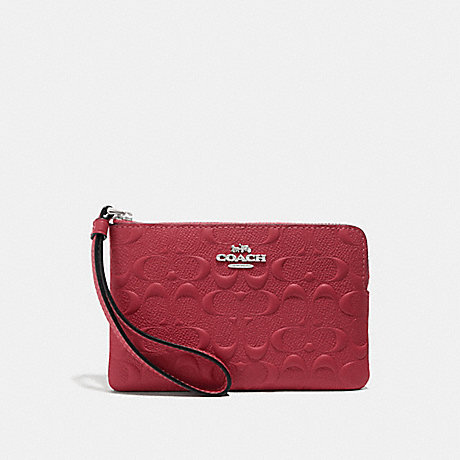 COACH F67555 CORNER ZIP WRISTLET IN SIGNATURE LEATHER WASHED RED/SILVER