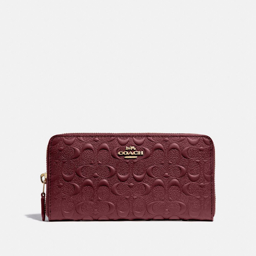 COACH F67566 ACCORDION ZIP WALLET IN SIGNATURE LEATHER WINE/IMITATION GOLD