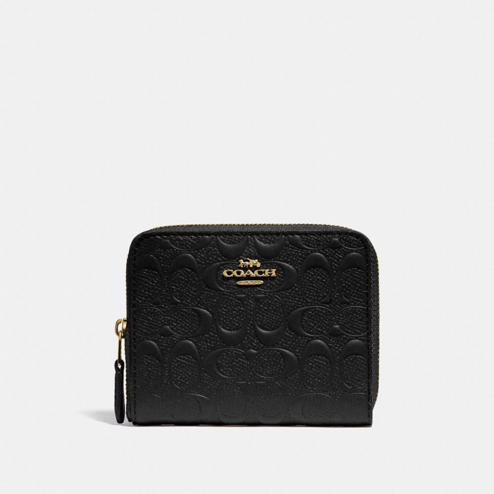 COACH F67569 SMALL ZIP AROUND WALLET IN SIGNATURE LEATHER BLACK/GOLD