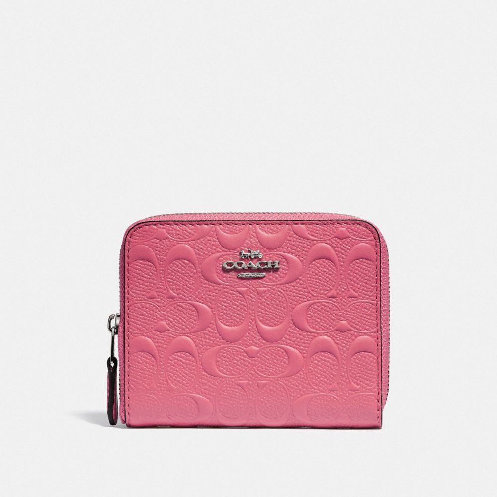 COACH F67569 SMALL ZIP AROUND WALLET IN SIGNATURE LEATHER STRAWBERRY/SILVER