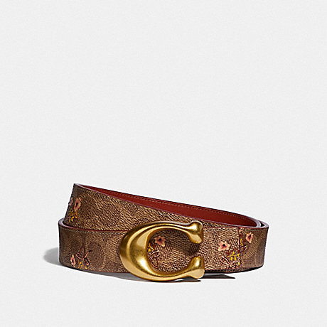 COACH F67707 SIGNATURE BUCKLE BELT WITH FLORAL PRINT, 32MM B4/TAN-RUST