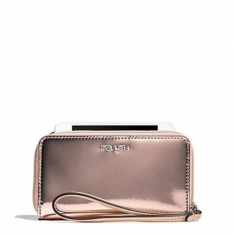 COACH f67736 MIRROR METALLIC LEATHER EAST/WEST UNIVERSAL CASE SILVER/ROSE GOLD