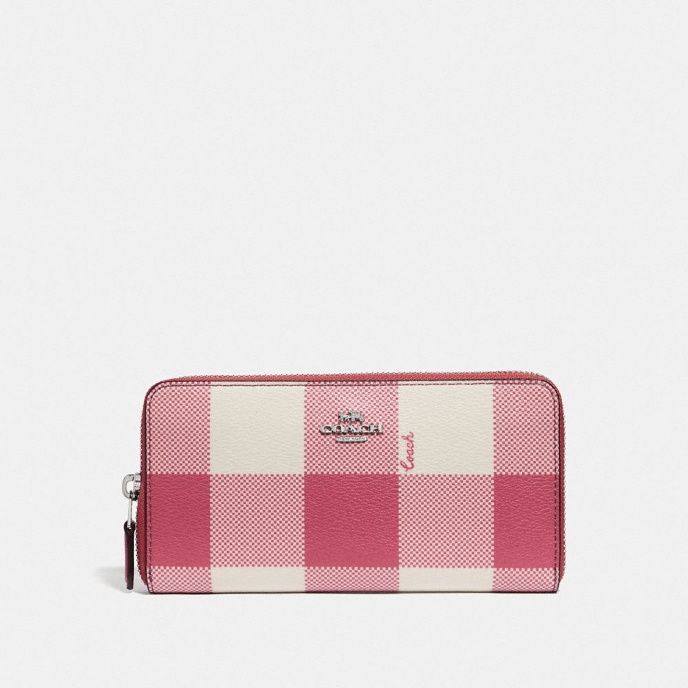 COACH F67933 ACCORDION ZIP WALLET WITH BUFFALO PLAID PRINT STRAWBERRY/SILVER