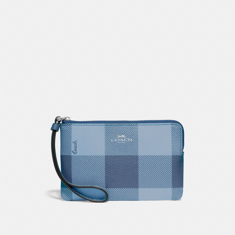 CORNER ZIP WRISTLET WITH BUFFALO PLAID PRINT - CORNFLOWER/SILVER - COACH F67934