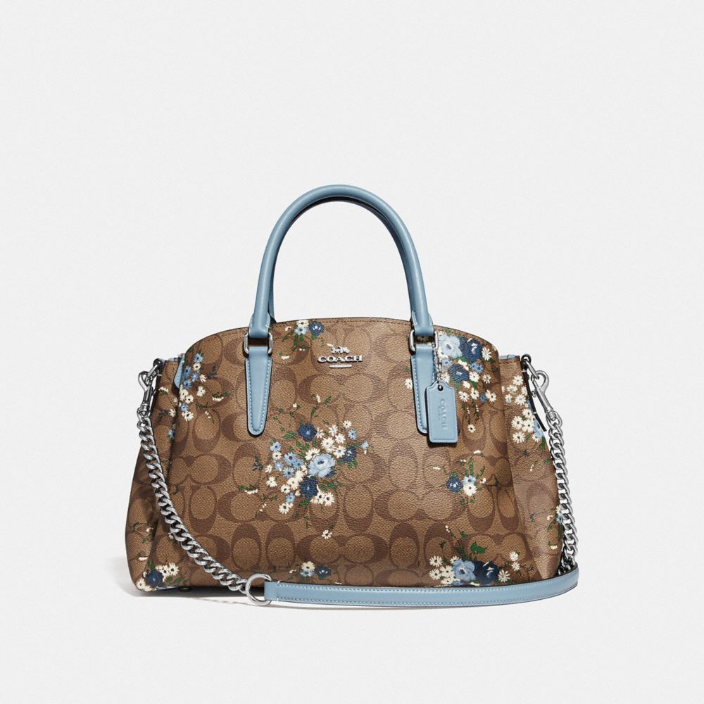 COACH SAGE CARRYALL IN SIGNATURE CANVAS WITH FLORAL BUNDLE PRINT - KHAKI BLUE MULTI/SILVER - F67941