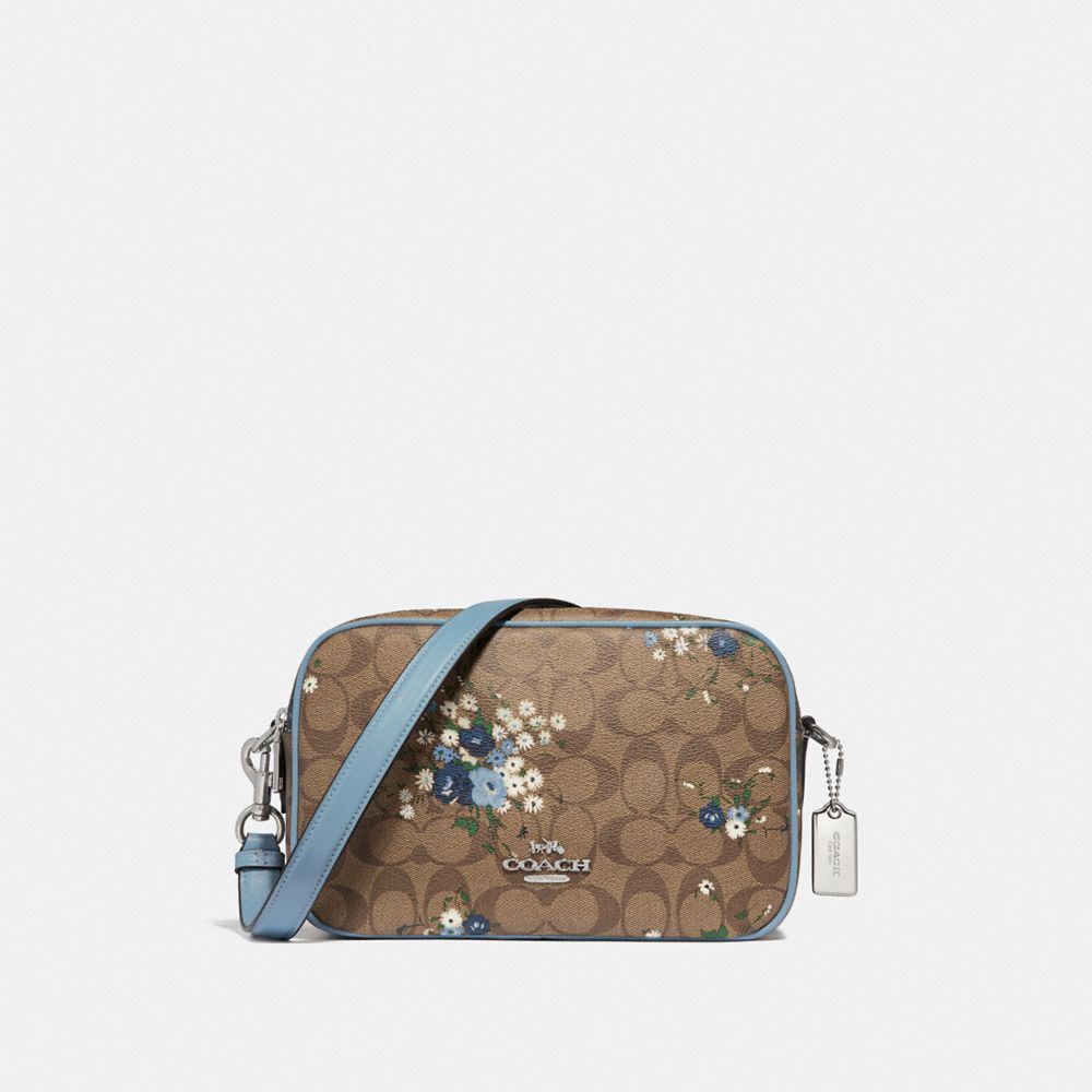 JES CROSSBODY IN SIGNATURE CANVAS WITH FLORAL BUNDLE PRINT - F68021 - KHAKI BLUE MULTI/SILVER