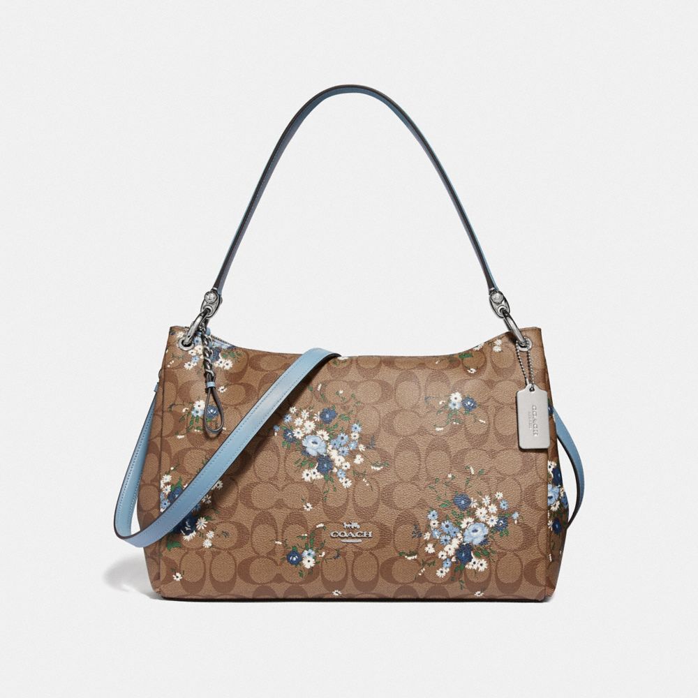 MIA SHOULDER BAG IN SIGNATURE CANVAS WITH FLORAL BUNDLE PRINT - F68022 - KHAKI BLUE MULTI/SILVER