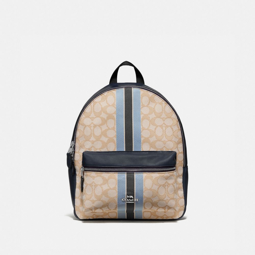 MEDIUM CHARLIE BACKPACK IN SIGNATURE JACQUARD WITH STRIPE - KHAKI MULTI /SILVER - COACH F68034