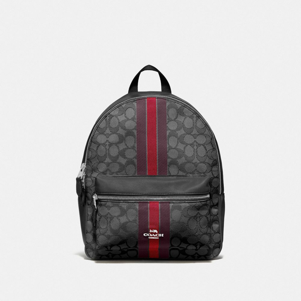 MEDIUM CHARLIE BACKPACK IN SIGNATURE JACQUARD WITH STRIPE - RED MULTI/SILVER - COACH F68034
