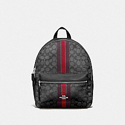 MEDIUM CHARLIE BACKPACK IN SIGNATURE JACQUARD WITH STRIPE - F68034 - RED MULTI/SILVER