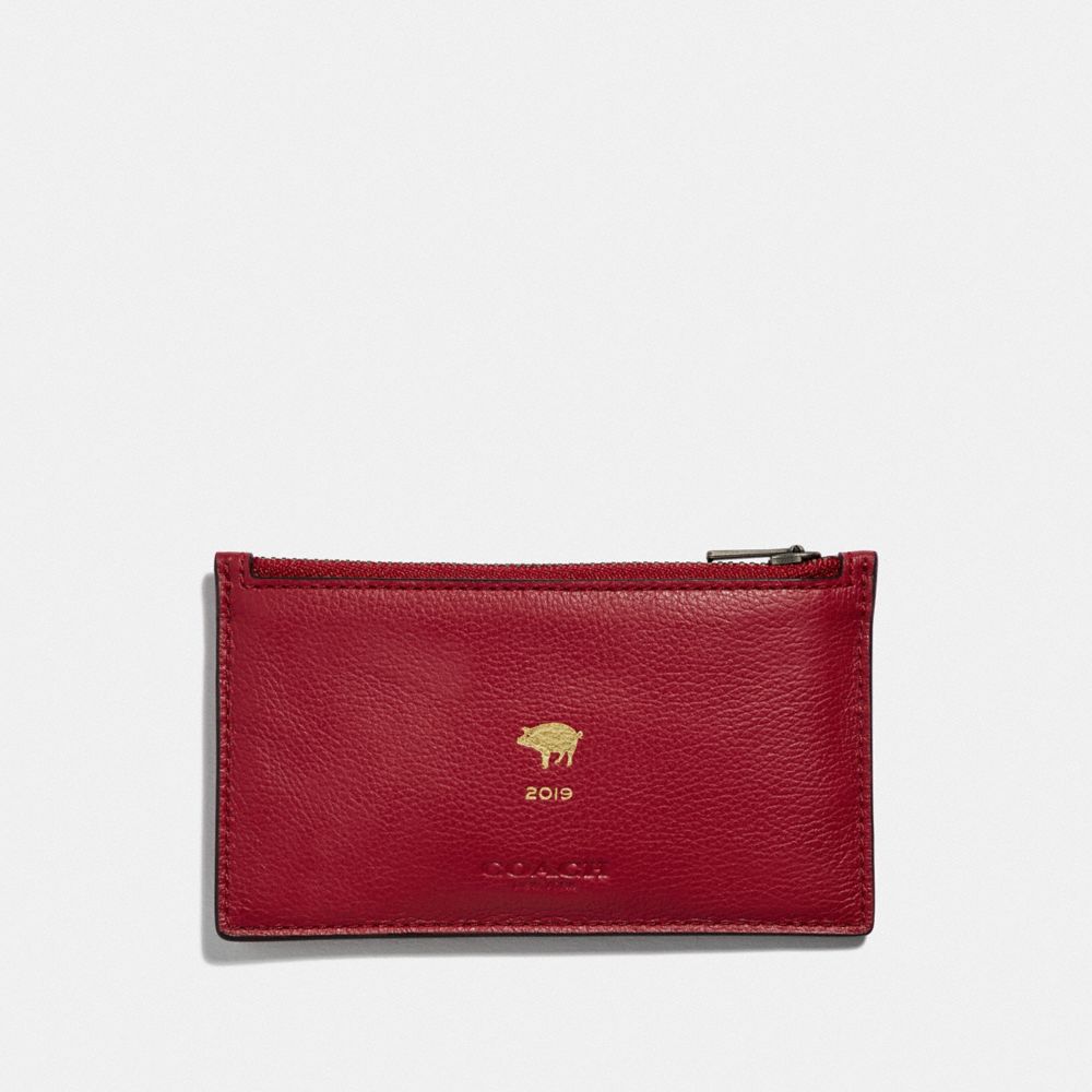 COACH LUNAR NEW YEAR ZIP CARD CASE - TRUE RED/BLACK ANTIQUE NICKEL - F68040