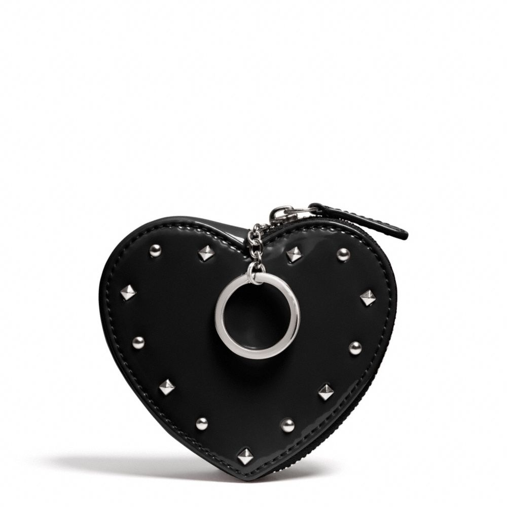 COACH f68068 STUDDED LIQUID GLOSS HEART COIN PURSE SILVER/BLACK