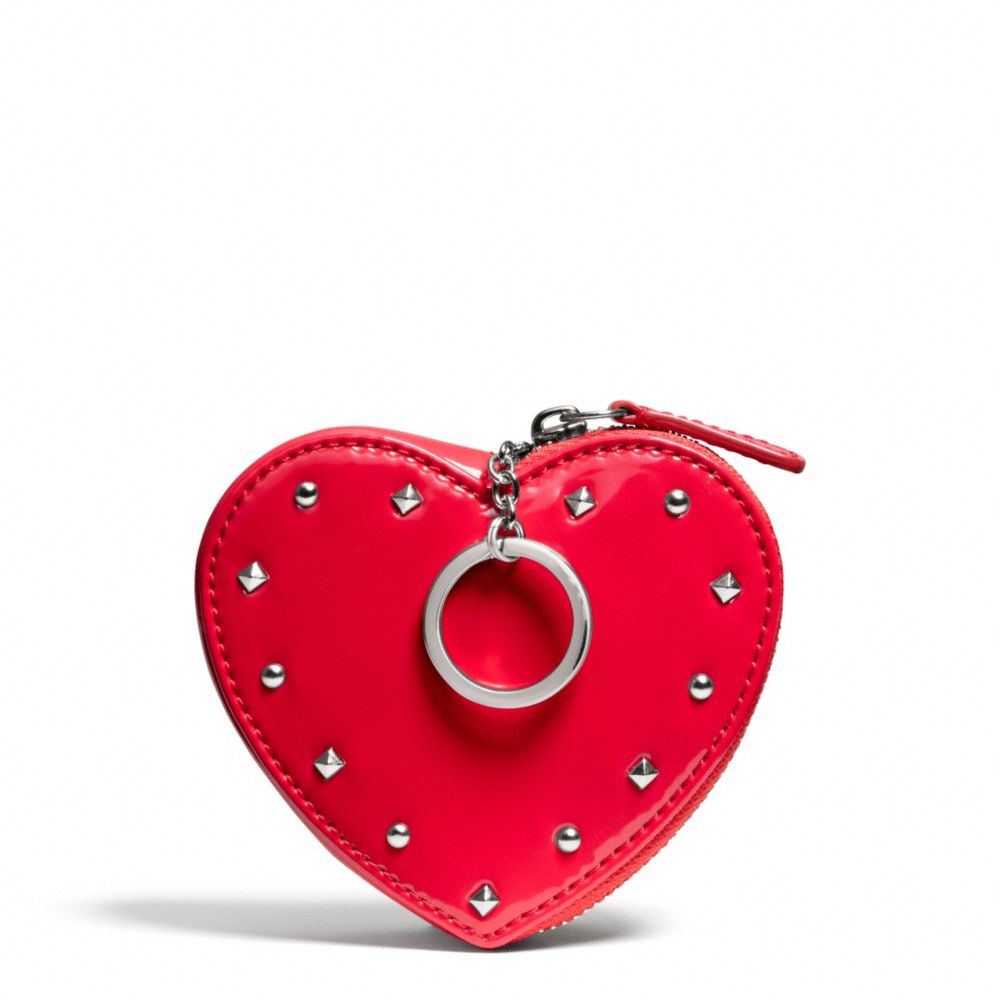 COACH F68068 - STUDDED LIQUID GLOSS HEART COIN PURSE SILVER/RED